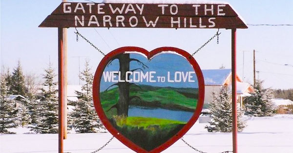 Welcome sign to Love, Saskatchewan