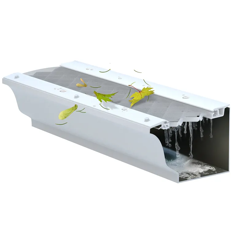 A cut-away view of gutter with LeafFilter installed letting only water through